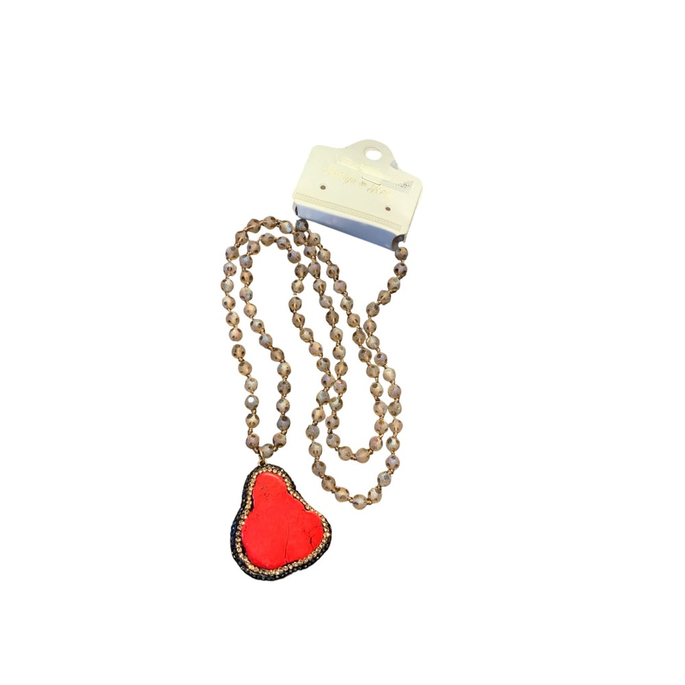 Jacquie & Kori Red Stone Pendant Necklace Champagne Iridescent Beaded Boho